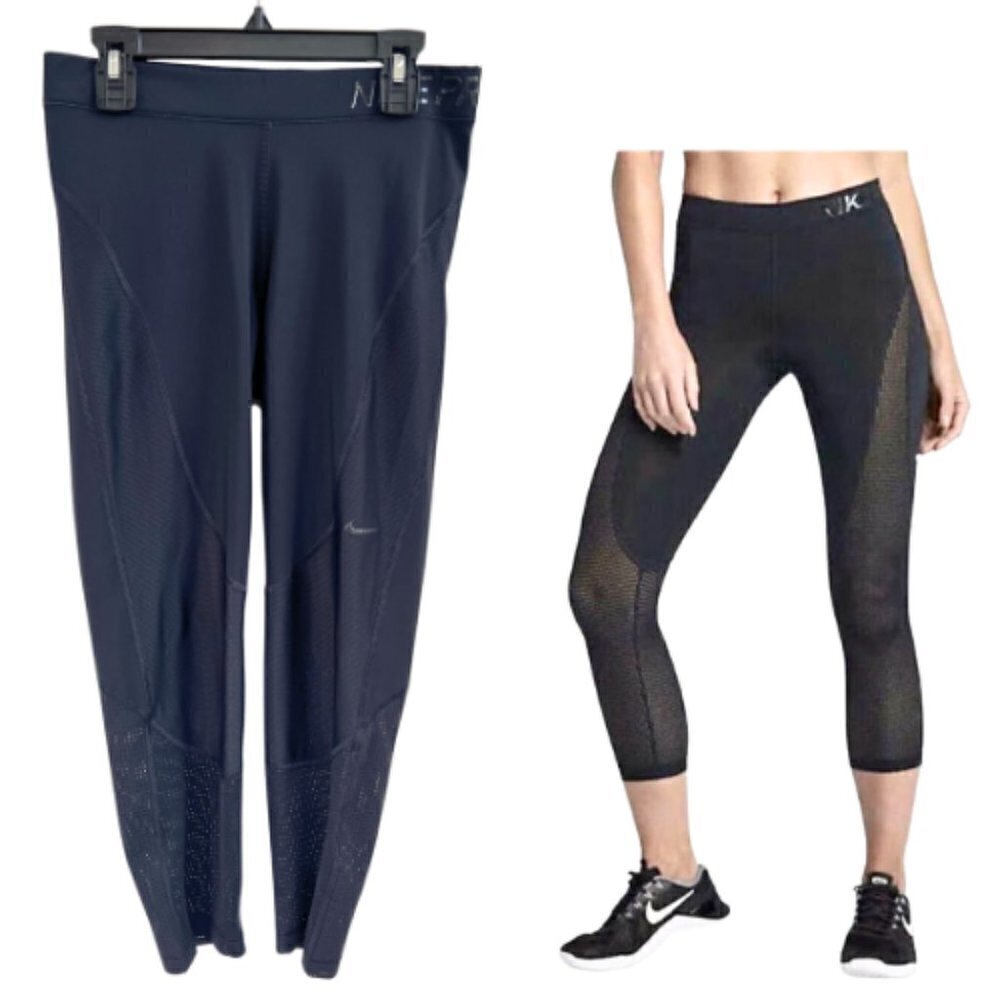 NIKE PRO Black Hypercool Crop Capri Legging Tights Compression Mesh Panel Size M